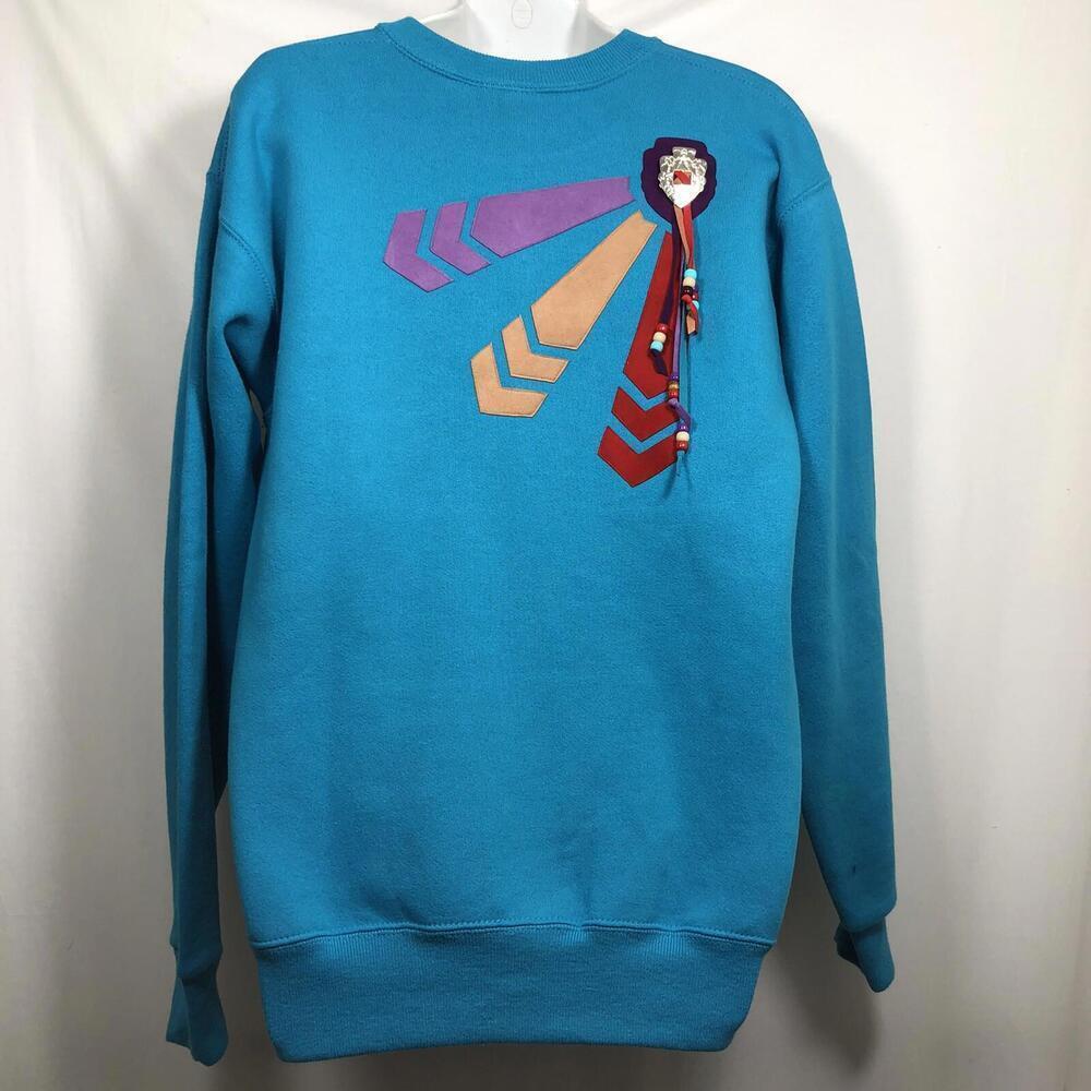 Native American Embellished Sweatshirt Women's Size M Beaded Blue Vtg Lee USA - Picture 3 of 9